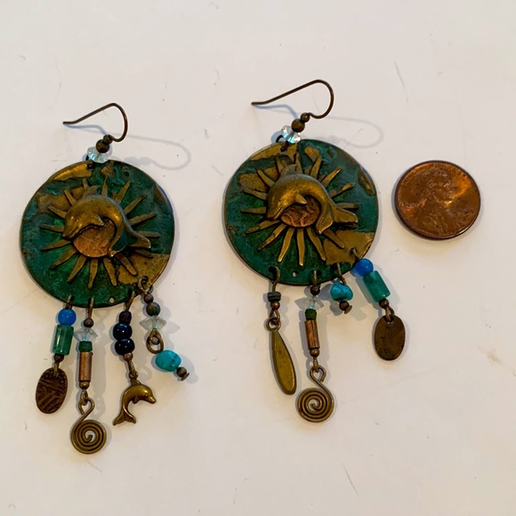 Vintage Blue and Green Copper Dolphin Dangle Earrings - Picture 2 of 3